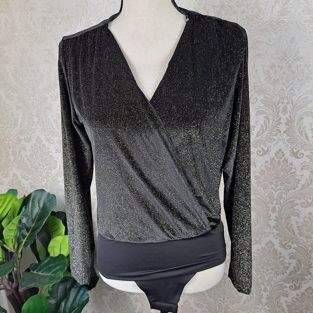 Zara Accessories Size Small Black and Gold Sparkle Bodysuit Wrap Front EUC